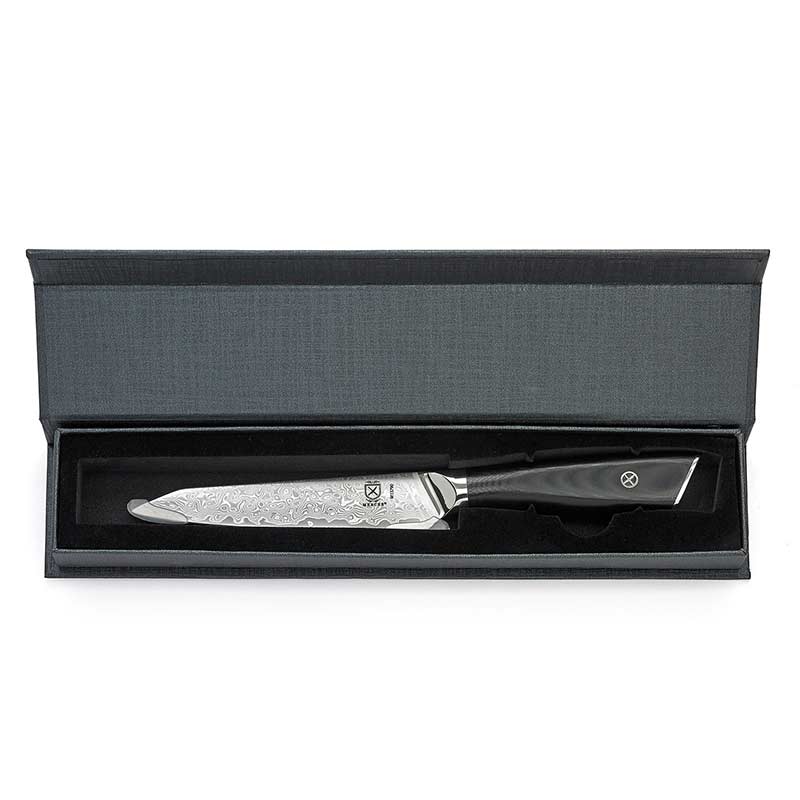 Mercer Culinary Damascus 5" Utility Knife with G10 Handle M13790 box