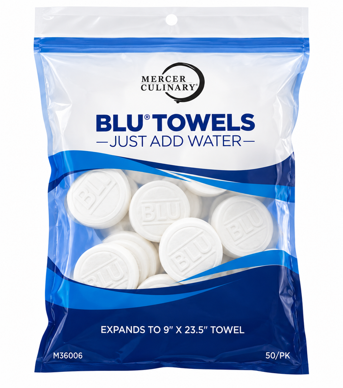 Blu Towels Reusable 1-3/4'' Diameter. X 3/8'' When Dehydrated - Mercer Culinary M36006